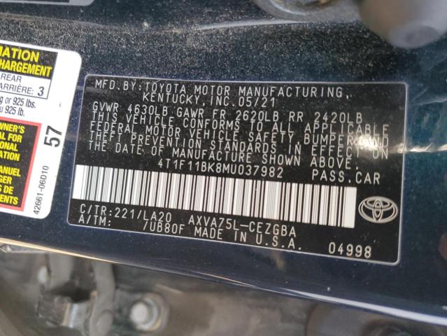 4T1F11BK8MU037982 - 2021 TOYOTA CAMRY XLE BLUE photo 13