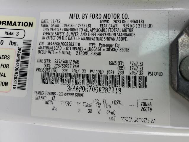 3FA6P0H70GR283118 - 2016 FORD FUSION SE 白色 照片 12