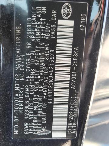 4T1BE32K34U345978 - 2004 TOYOTA CAMRY LE BLACK photo 12