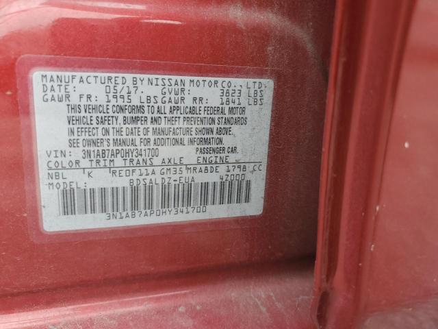 3N1AB7AP0HY341700 - 2017 NISSAN SENTRA S RED photo 12