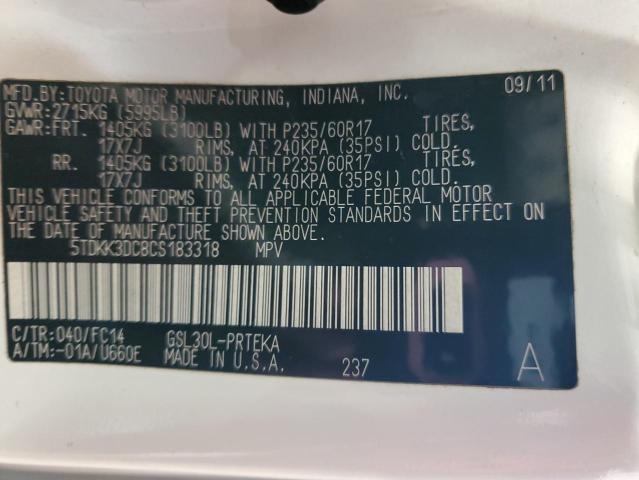 5TDKK3DC8CS183318 - 2012 TOYOTA SIENNA LE أبيض صورة 13