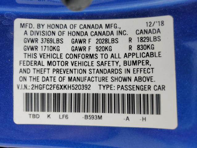 2HGFC2F6XKH520392 - 2019 HONDA CIVIC LX 蓝色 照片 12