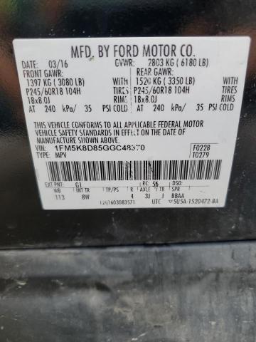 1FM5K8D85GGC48370 - 2016 FORD EXPLORER XLT BLACK photo 12