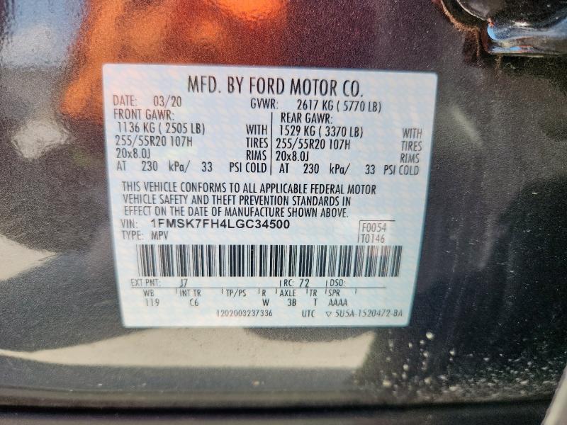 1FMSK7FH4LGC34500 - 2020 FORD EXPLORER LIMITED ნაცრისფერი ფოტო 14