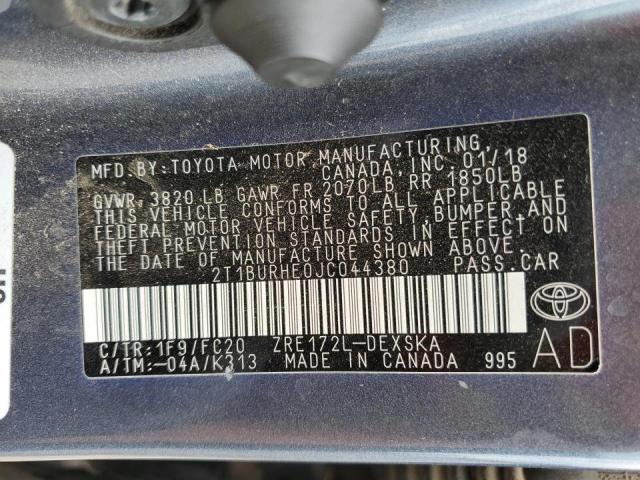 2T1BURHE0JC044380 - 2018 TOYOTA COROLLA L ლურჯი ფოტო 12