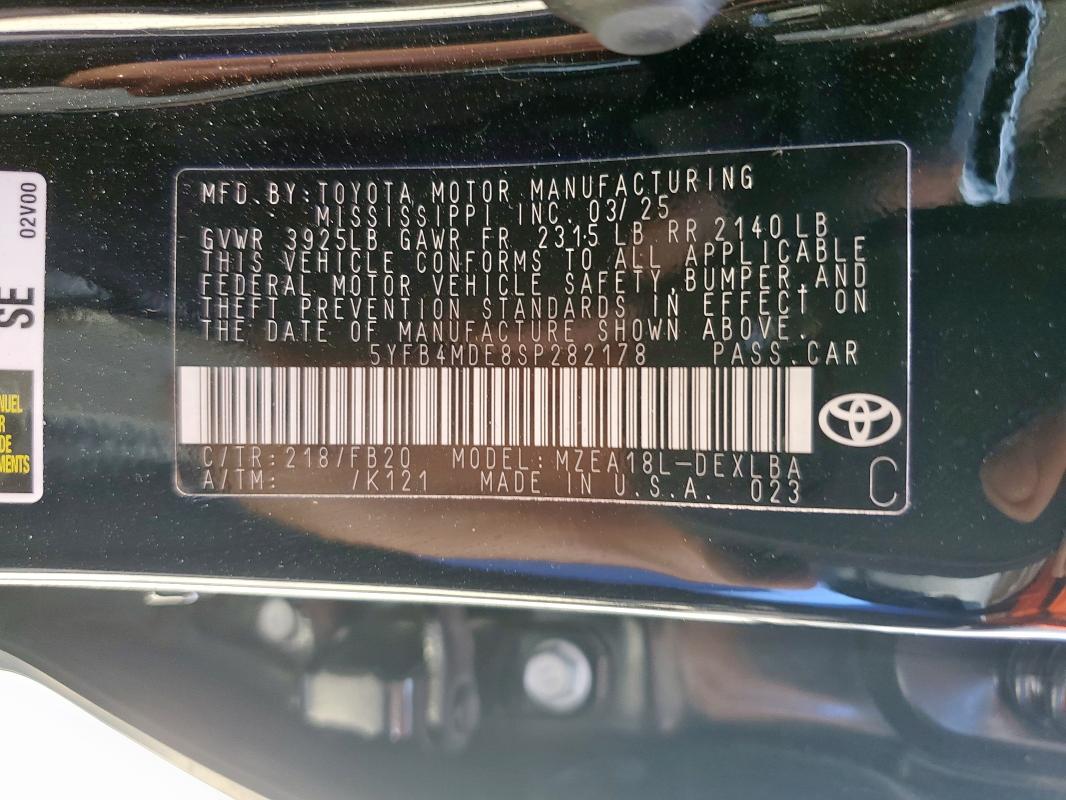 5YFB4MDE8SP282178 - 2025 TOYOTA COROLLA LE შავი ფოტო 12