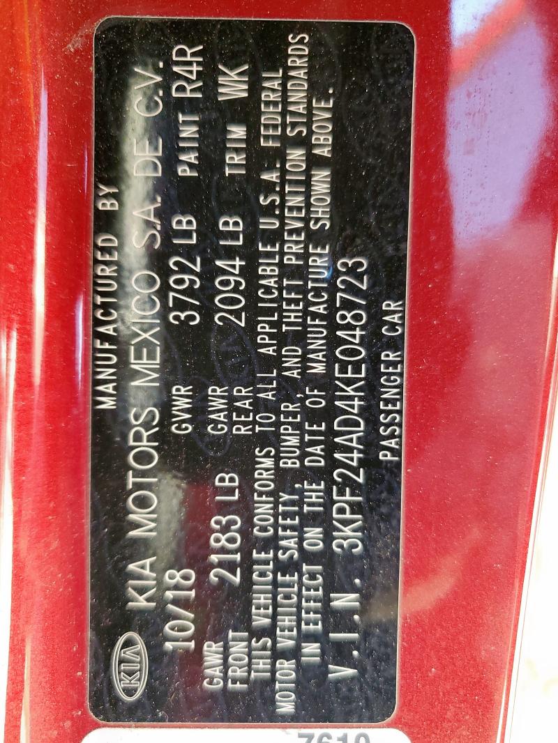 3KPF24AD4KE048723 - 2019 KIA FORTE FE Червоний фото 13