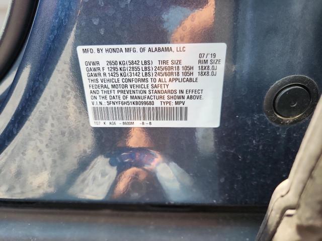 5FNYF6H51KB099680 - 2019 HONDA PILOT EXL Синій фото 12