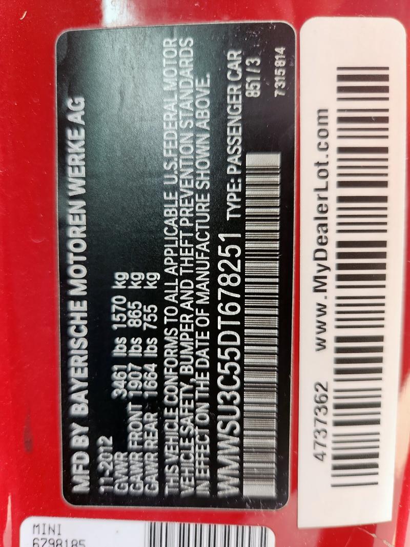 WMWSU3C55DT678251 - 2013 MINI COOPER Қызыл фото 12