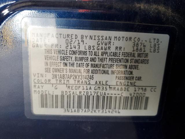 3N1AB7AP2KY314246 - 2019 NISSAN SENTRA S ლურჯი ფოტო 12