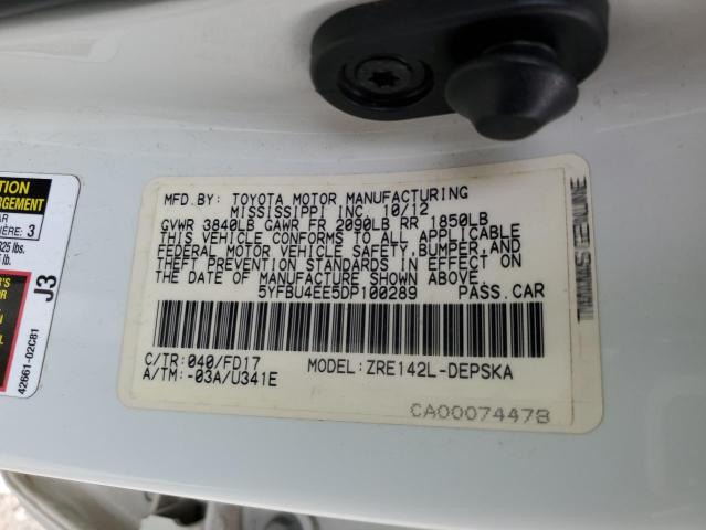 5YFBU4EE5DP100289 - 2013 TOYOTA COROLLA BASE WHITE photo 12
