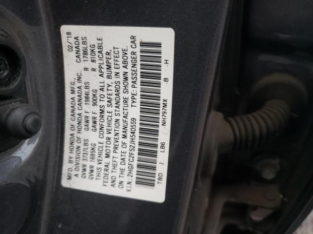 2HGFC2F52JH540559 - 2018 HONDA CIVIC LX GRAY photo 12