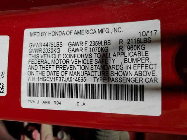 1HGCV1F37JA014965 - 2018 HONDA ACCORD SPORT أحمر صورة 13