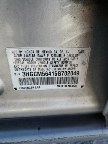 3HGCM56416G702049 - 2006 HONDA ACCORD LX SILVER photo 12