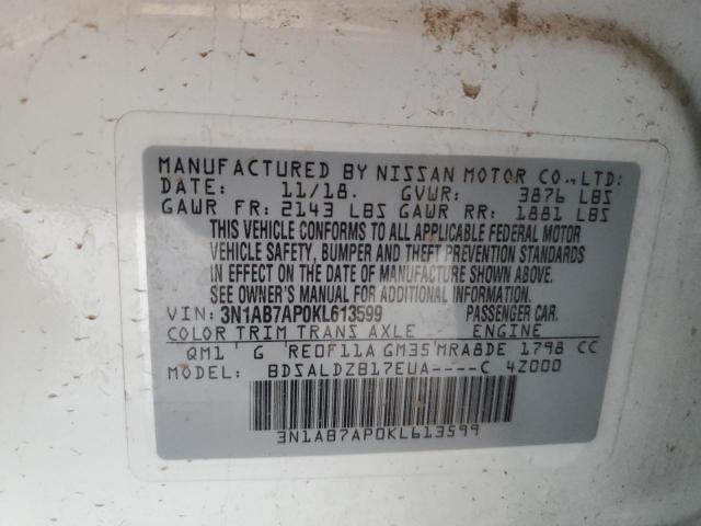 3N1AB7AP0KL613599 - 2019 NISSAN SENTRA S 白色 照片 12