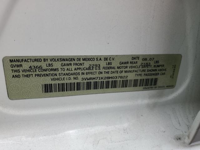 3VWRM71K28M037822 - 2008 VOLKSWAGEN JETTA SE 白色 照片 12
