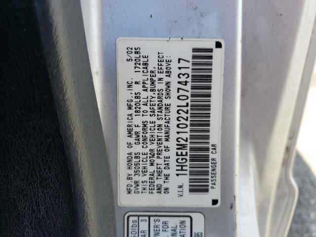 1HGEM21022L074317 - 2002 HONDA CIVIC EX SILVER photo 12
