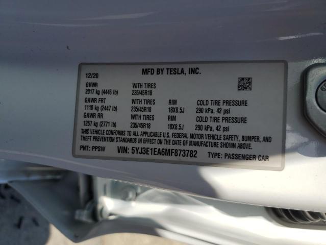 5YJ3E1EA6MF873782 - 2021 TESLA MODEL 3 თეთრი ფოტო 12