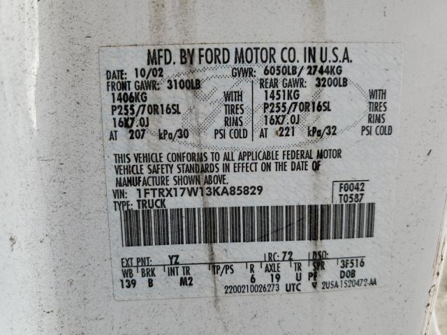 1FTRX17W13KA85829 - 2003 FORD F150 WHITE photo 12