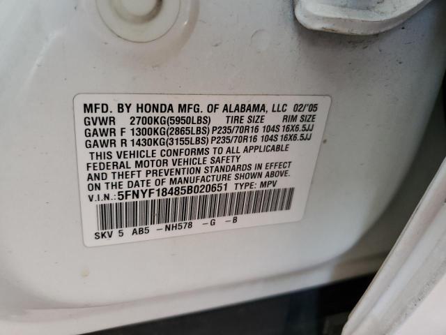 5FNYF18485B020651 - 2005 HONDA PILOT EX WHITE photo 13