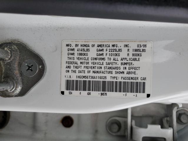 1HGCM56736A116025 - 2006 HONDA ACCORD EX 白色 照片 12