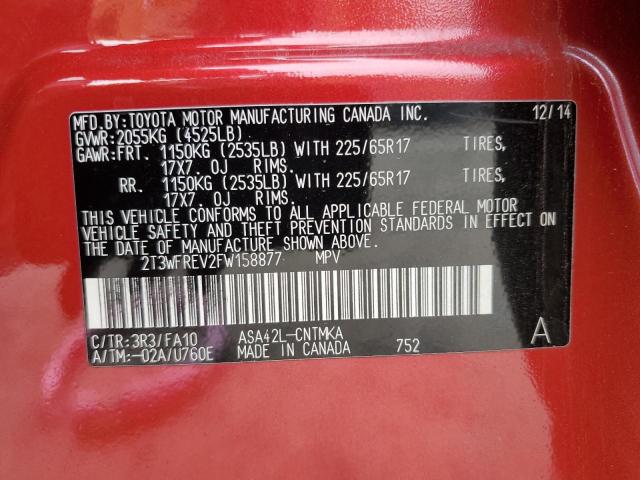 2T3WFREV2FW158877 - 2015 TOYOTA RAV4 XLE Rot Foto 12