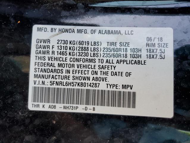 5FNRL6H57KB014287 - 2019 HONDA ODYSSEY EX BLACK photo 13