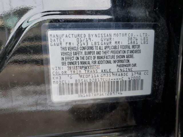 3N1AB7AP5KY289746 - 2019 NISSAN SENTRA S BLACK photo 12