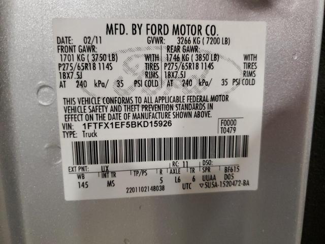 1FTFX1EF5BKD15926 - 2011 FORD F150 SUPER CAB SILVER photo 12