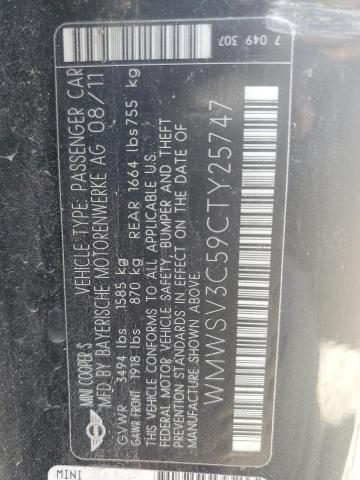 WMWSV3C59CTY25747 - 2012 MINI COOPER S BLACK photo 14