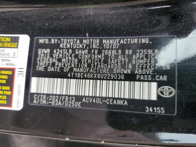 4T1BE46KX8U229036 - 2008 TOYOTA CAMRY CE Қара фото 12