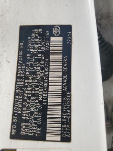 4T1BE46K47U695754 - 2007 TOYOTA CAMRY CE WHITE photo 12