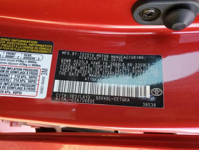 4T1BK46K87U012978 - 2007 TOYOTA CAMRY LE წითელი ფოტო 13