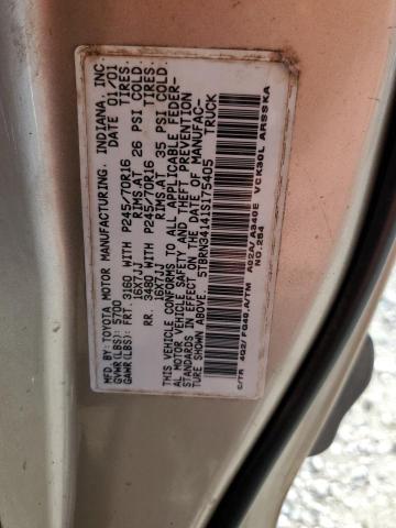 5TBRN34141S175405 - 2001 TOYOTA TUNDRA ACCESS CAB SR5 TAN photo 12
