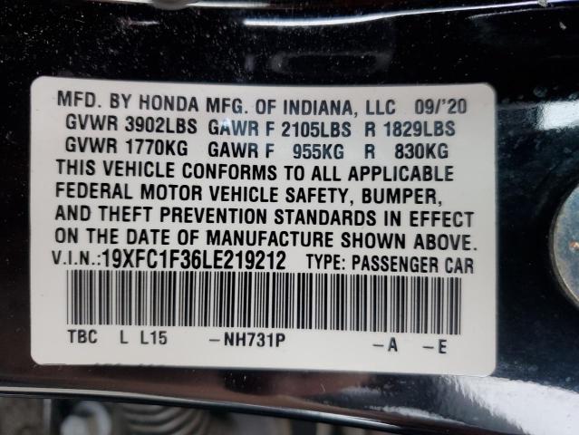 19XFC1F36LE219212 - 2020 HONDA CIVIC EX BLACK photo 12