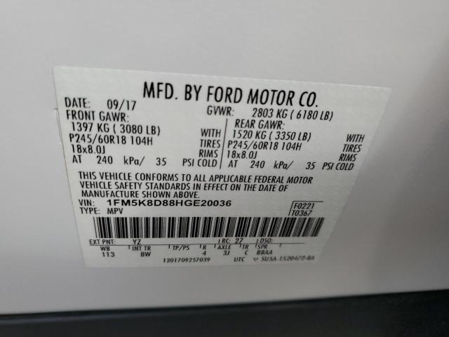 1FM5K8D88HGE20036 - 2017 FORD EXPLORER XLT თეთრი ფოტო 12