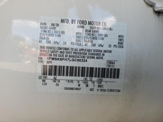 1FMSK8FH7LGC90324 - 2020 FORD EXPLORER LIMITED 白色 照片 13