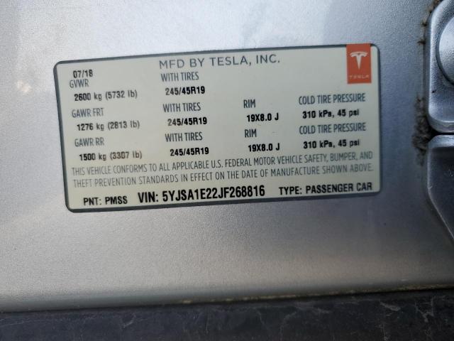 5YJSA1E22JF268816 - 2018 TESLA MODEL S 银色 照片 12