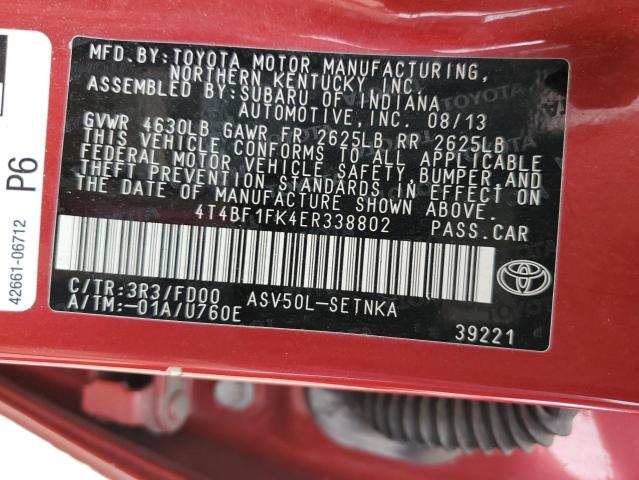 4T4BF1FK4ER338802 - 2014 TOYOTA CAMRY L RED photo 13