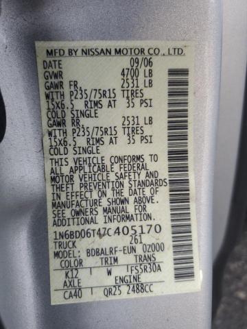 1N6BD06T47C405170 - 2007 NISSAN FRONTIER KING CAB XE SILVER photo 12