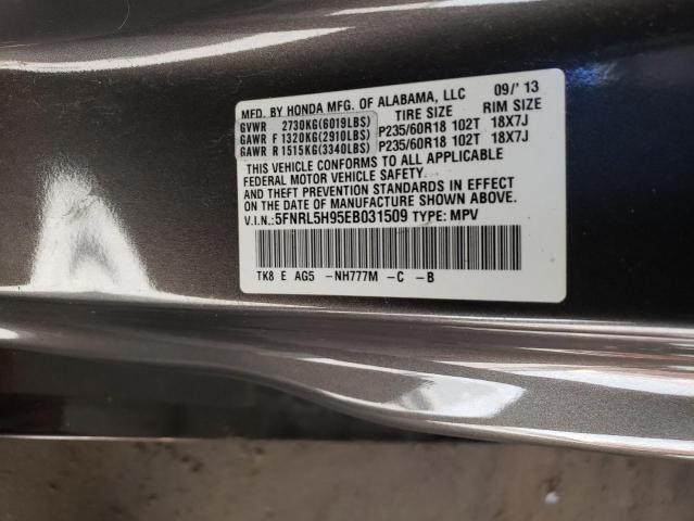 5FNRL5H95EB031509 - 2014 HONDA ODYSSEY TOURING GRAY photo 14