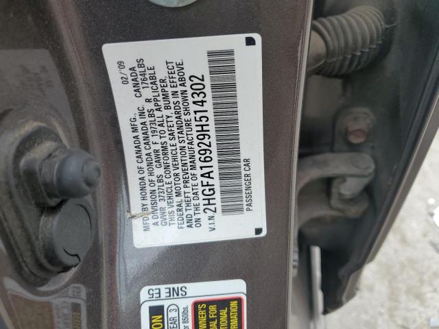 2HGFA16929H514302 - 2009 HONDA CIVIC EXL 银色 照片 12