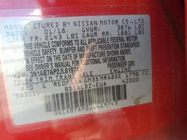 3N1AB7AP2JL619743 - 2018 NISSAN SENTRA S წითელი ფოტო 12