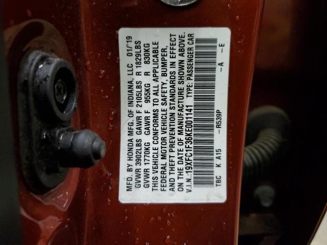 19XFC1F36KE001141 - 2019 HONDA CIVIC EX RED photo 12