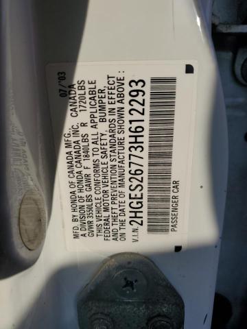 2HGES26773H612293 - 2003 HONDA CIVIC EX WHITE photo 12