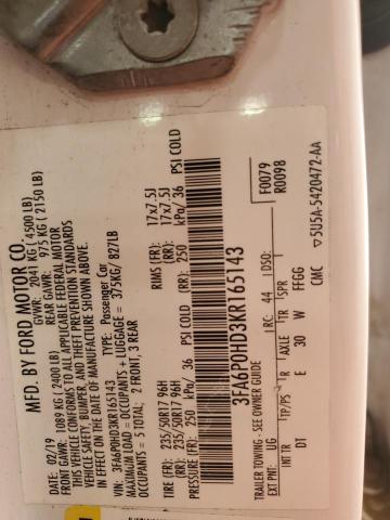 3FA6P0HD3KR165143 - 2019 FORD FUSION SE Beyaz fotoğraf 13