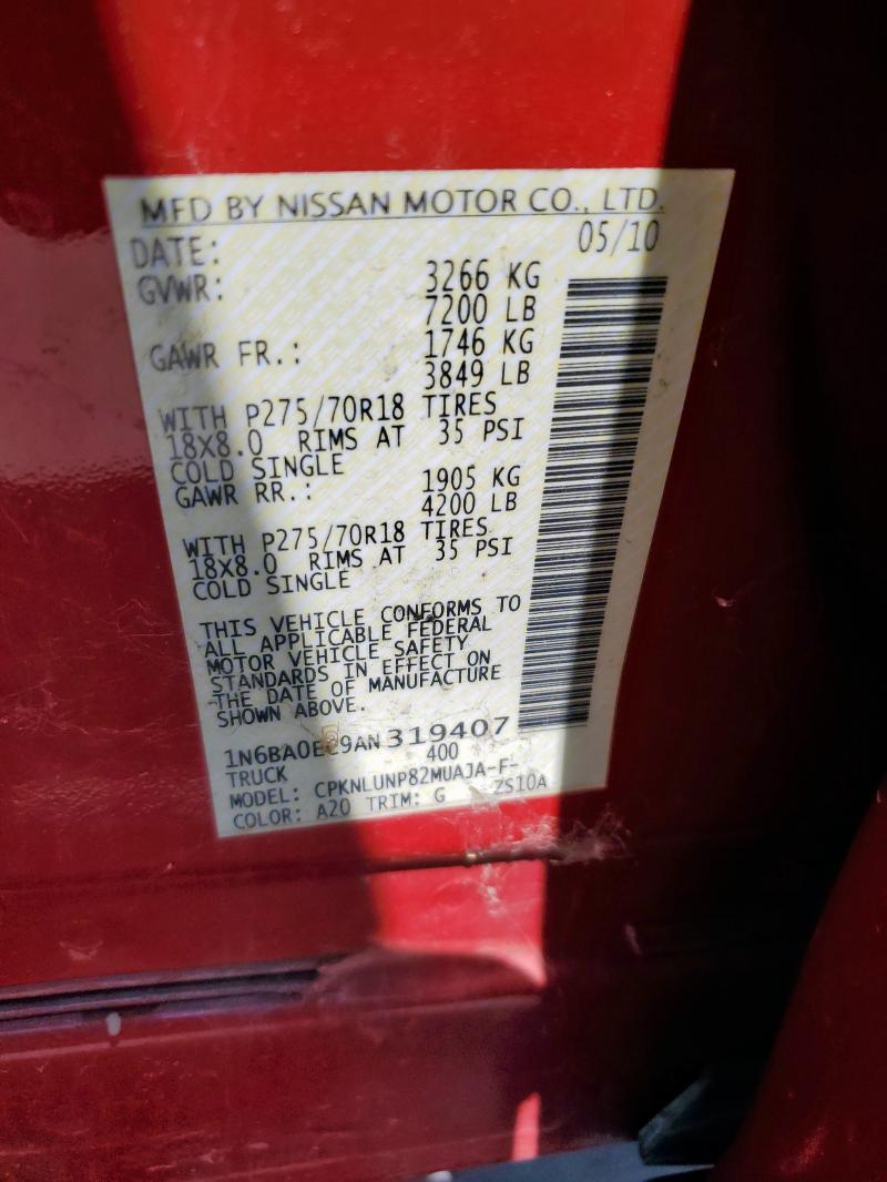 1N6BA0EC9AN319407 - 2010 NISSAN TITAN XE 红色 照片 12