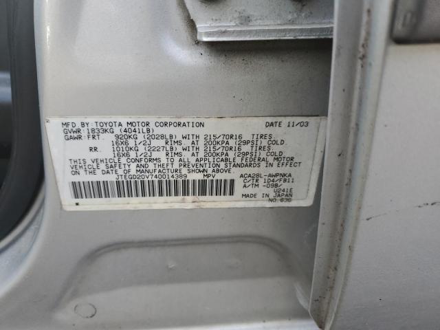 JTEGD20V740014389 - 2004 TOYOTA RAV4 GRAY photo 12