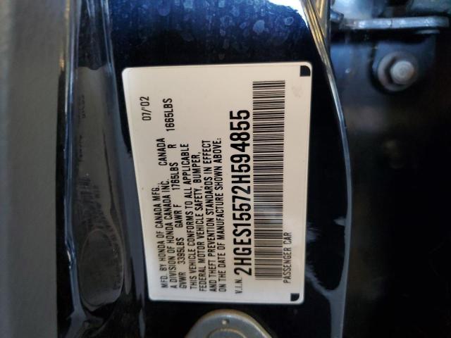 2HGES15572H594855 - 2002 HONDA CIVIC LX BLACK photo 12