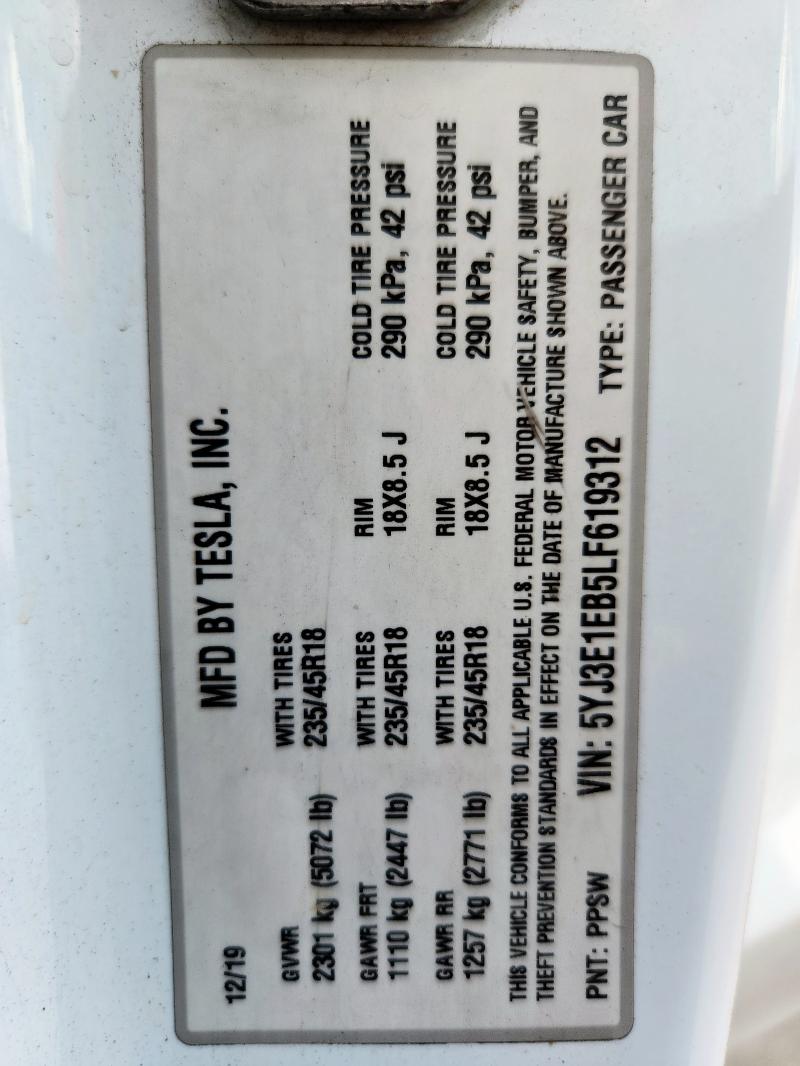 5YJ3E1EB5LF619312 - 2020 TESLA MODEL 3 白色 照片 12